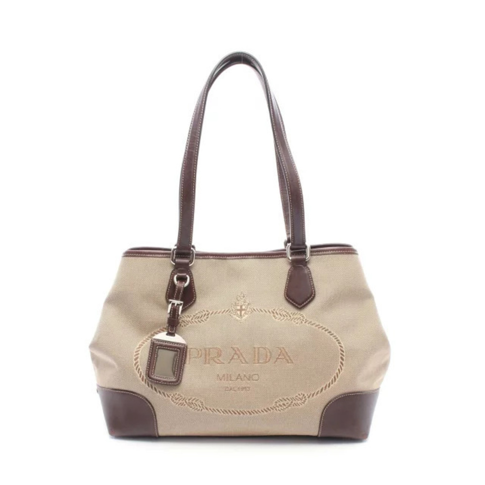 Prada Jacquard Tote Bag Canvas Leather Beige Cream Brown